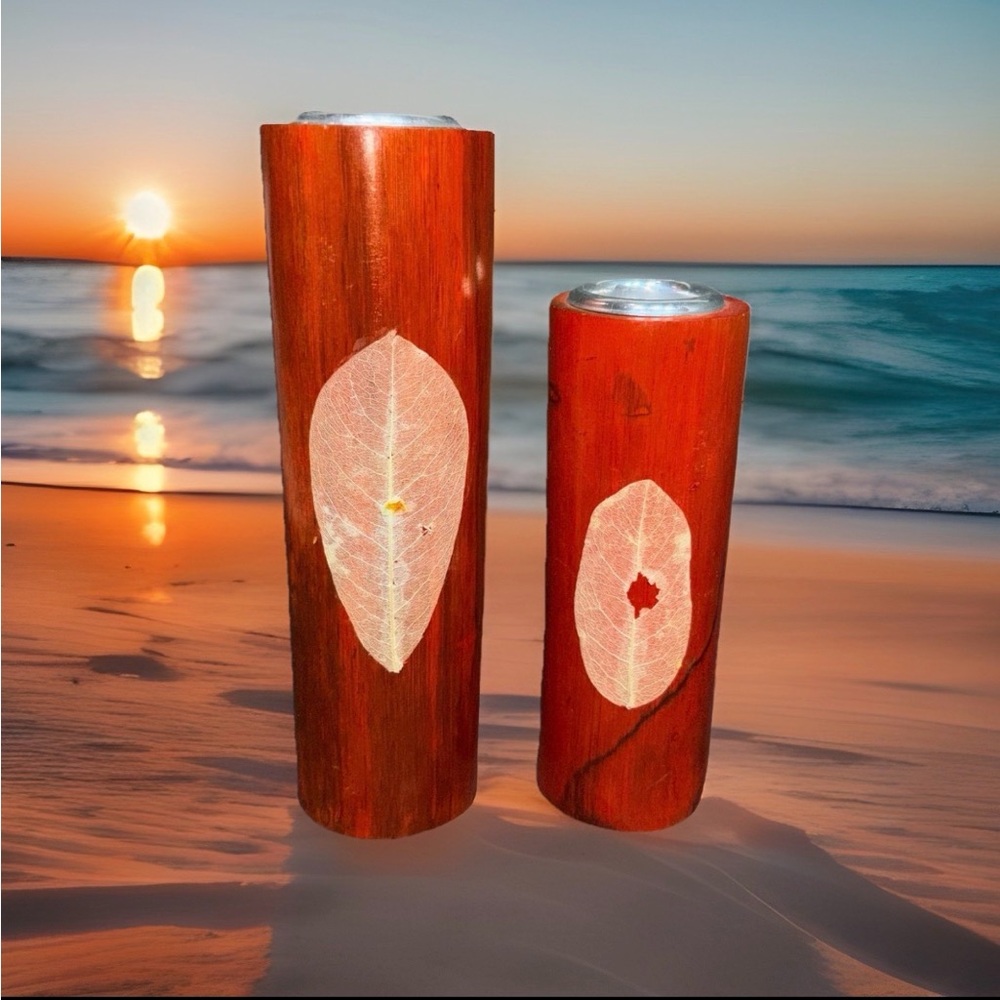 Bamboo Pillar Candle Holders Set of 2 Red Orange Skeleton Leaf Boho Decor
